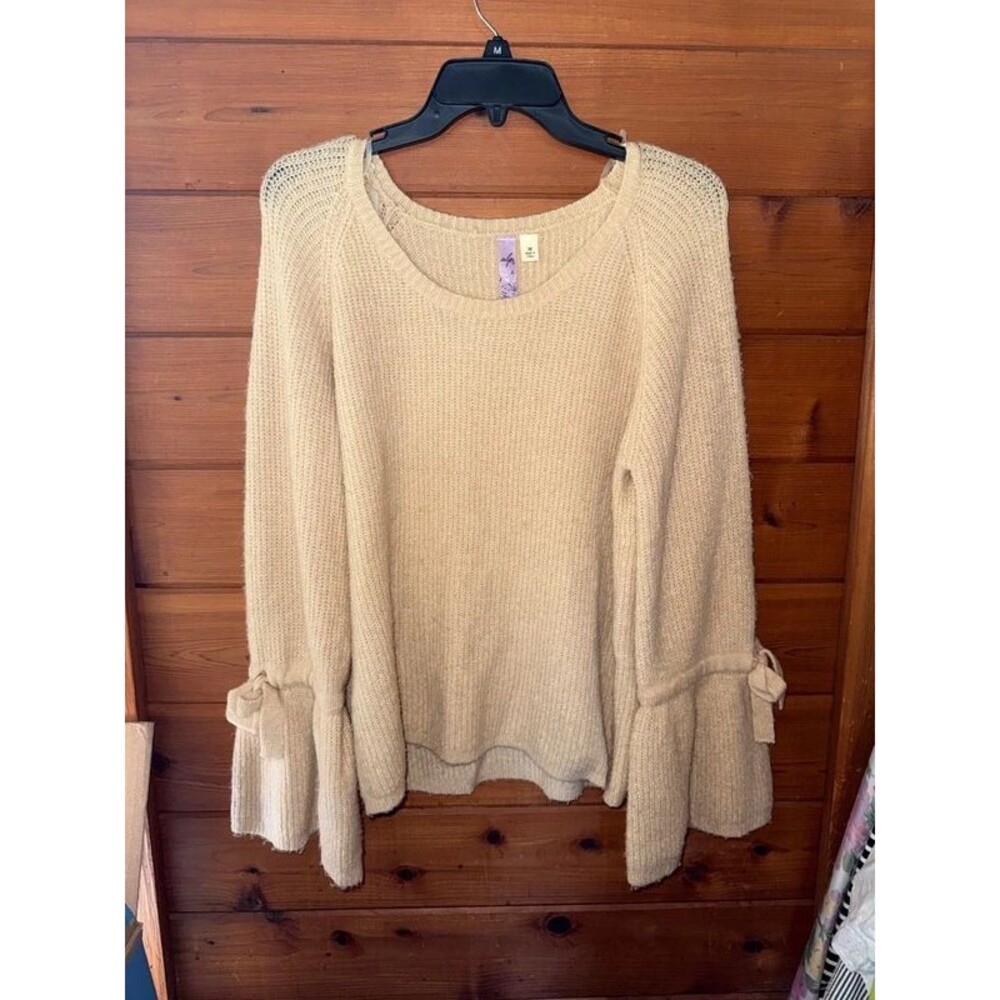 Francesca’s Alya Bell Sleeve Tie Ribbed Sweater Tan Cream